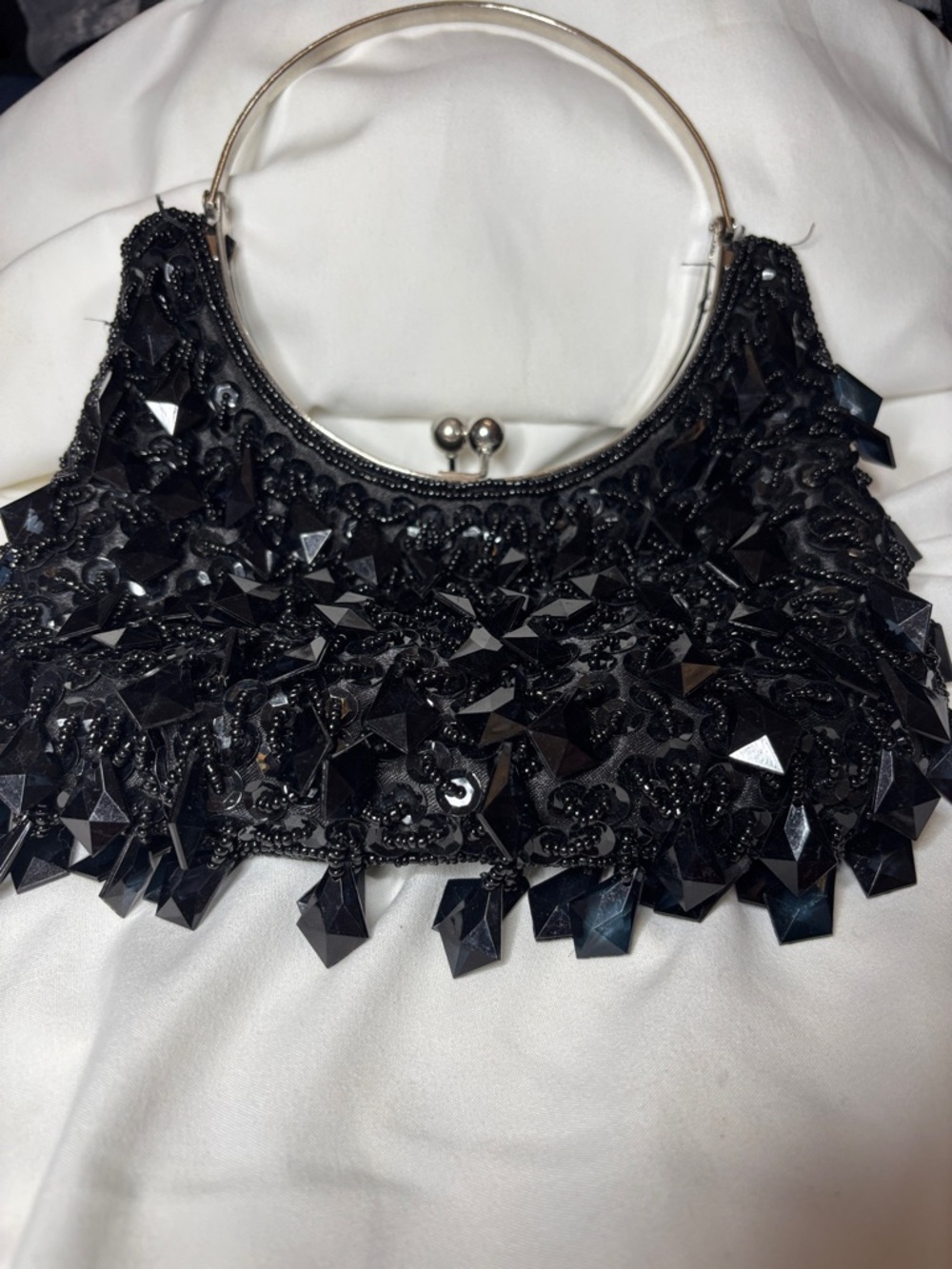 Source Unknown Black Beaded Mini Bag with Silver Handle